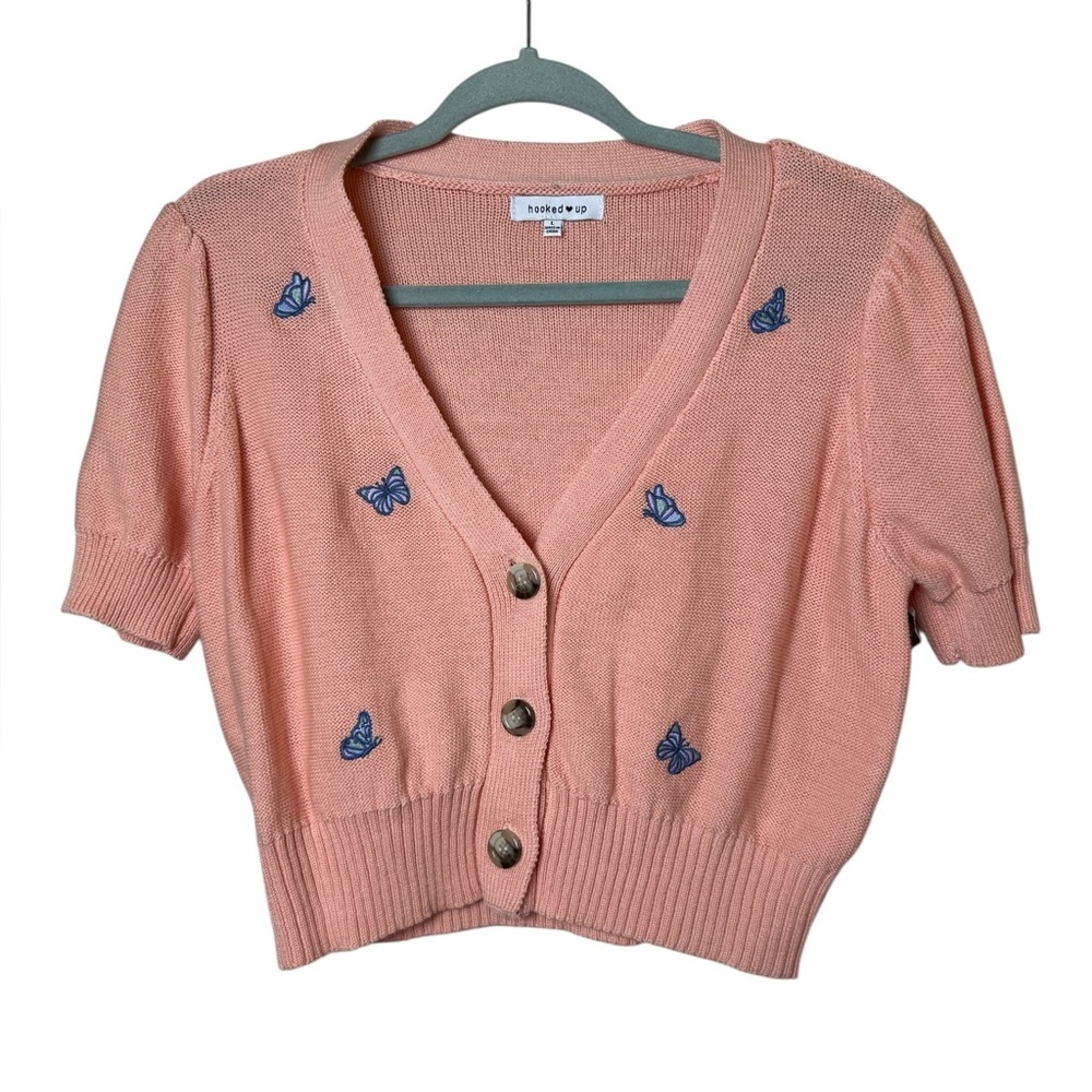 Hooked Up by IOT Peach Cardigan with Blue Butterfly Accents